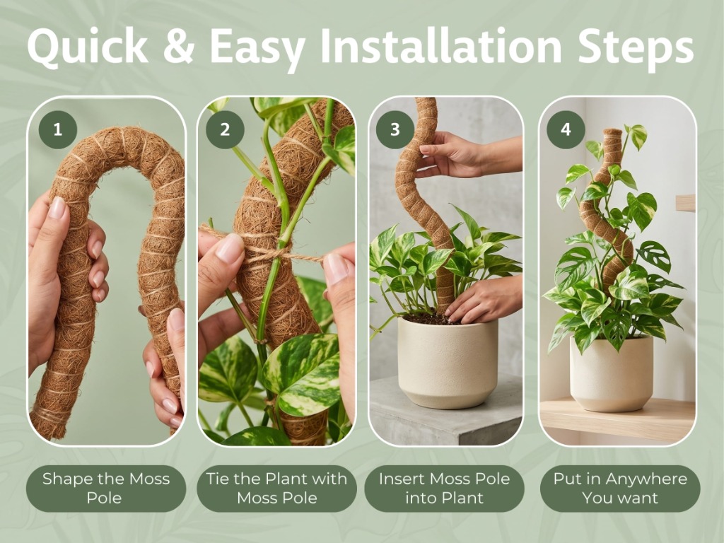 Quick & Easy Installation Steps infographic: 1. Shape the Moss Pole, 2. Tie the Plant with Moss Pole, 3. Insert Moss Pole into Plant, 4. Put in Anywhere You Want