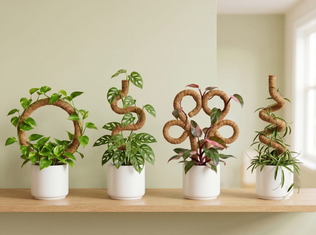 BlushEase Premium Bendable Moss Poles shaped into Circular/Wreath, Snake/Wavy, Pretzel/Clover-loop, and Spiral configurations displaying healthy climbing foliage in white pots on a wooden shelf