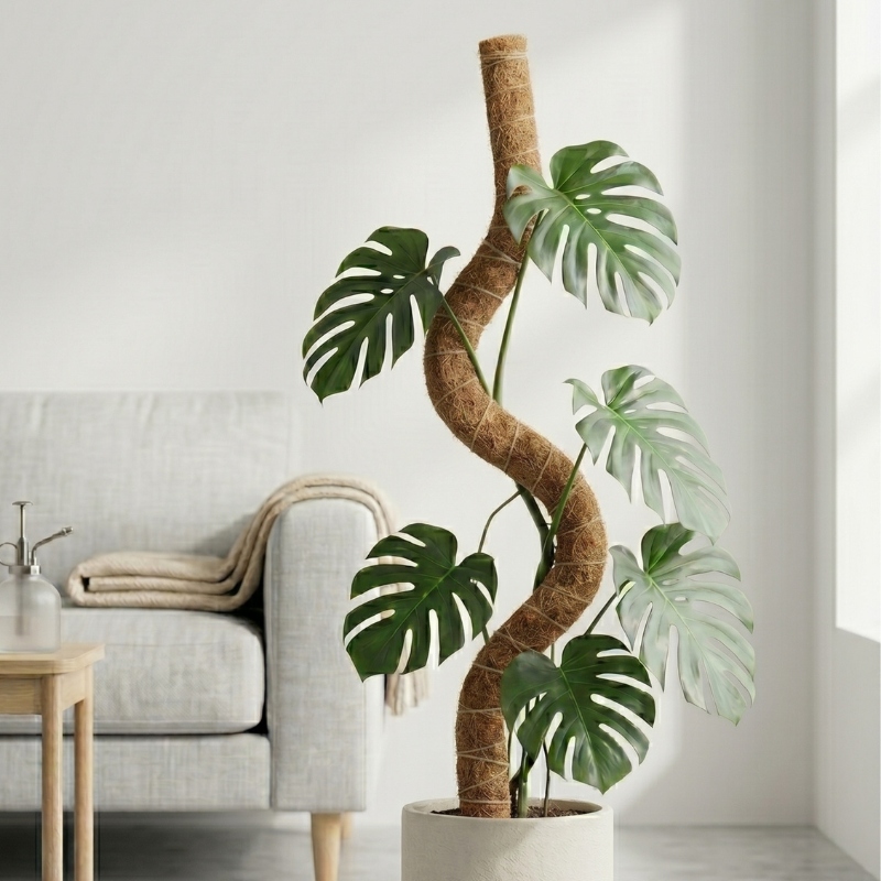 Spiral shaped moss pole supporting plant growth