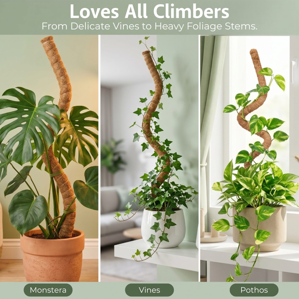 Loves All Climbers infographic showing Monstera, Delicate Vines, and Pothos climbing bendable coir moss poles