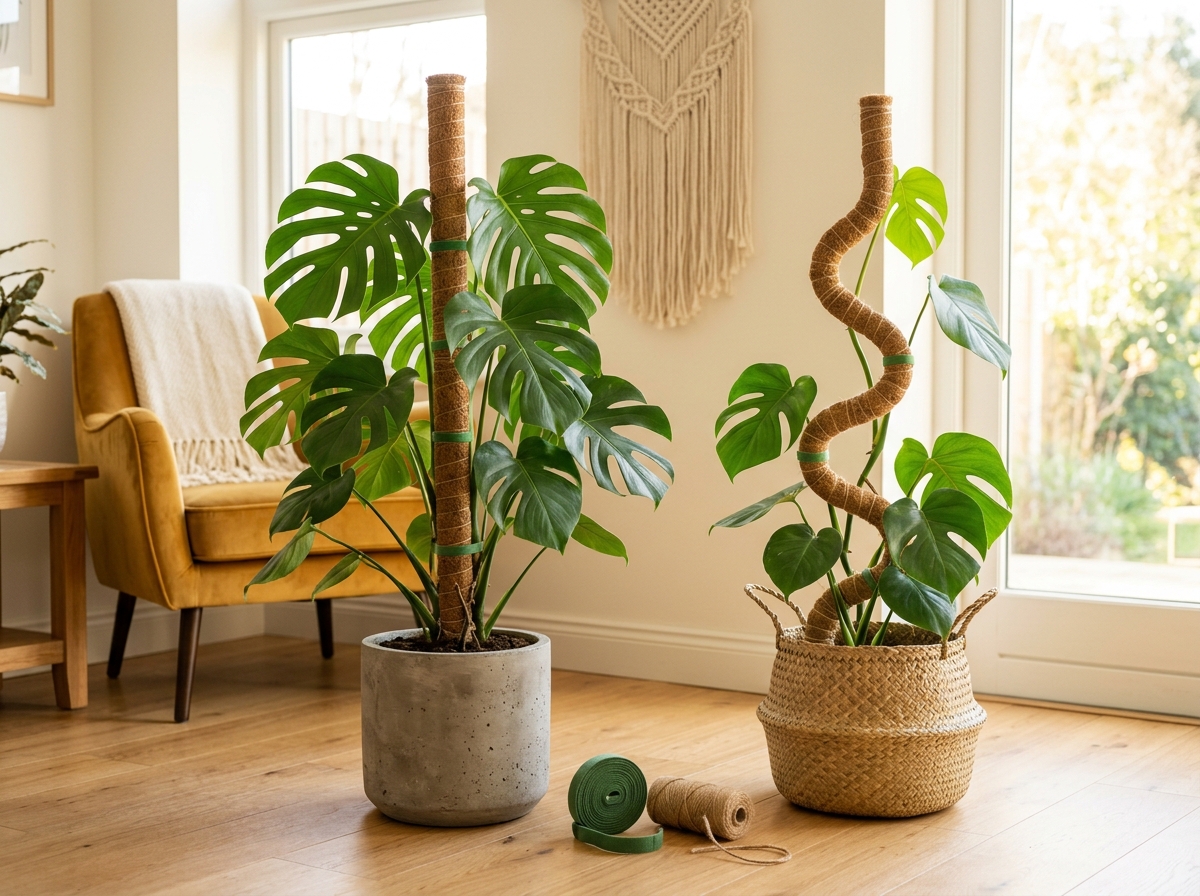 Four moss pole shapes — arch, heart, pretzel, and spiral — with lush climbing plants in white pots